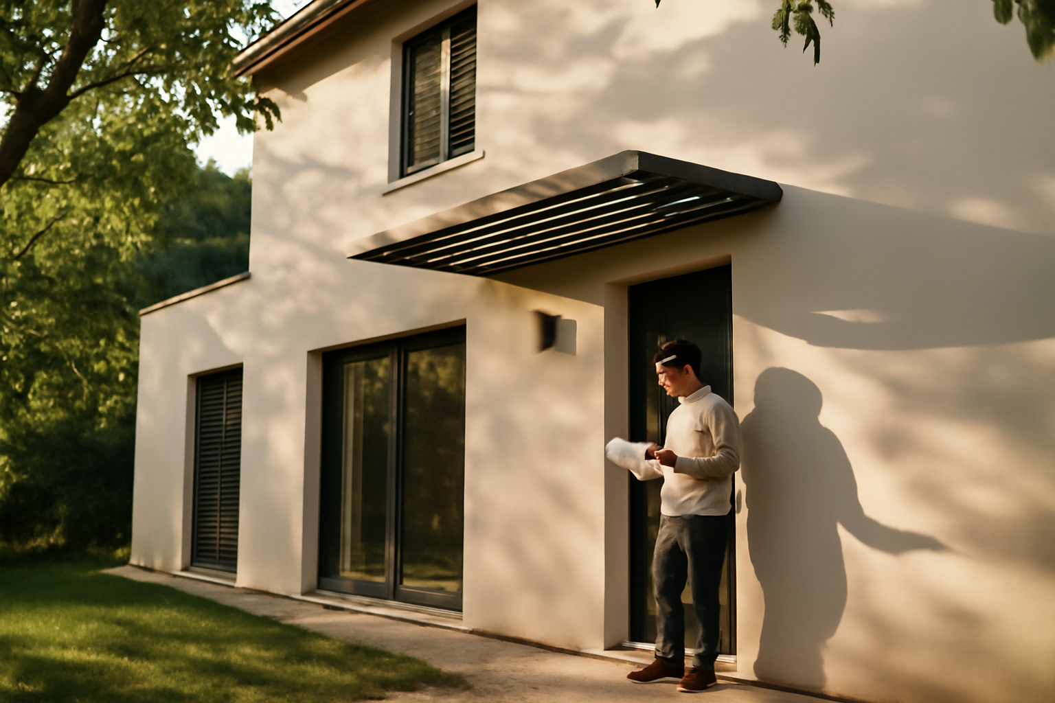 maison bioclimatique à vendre : façade avec protections solaires et menuiseries performantes
