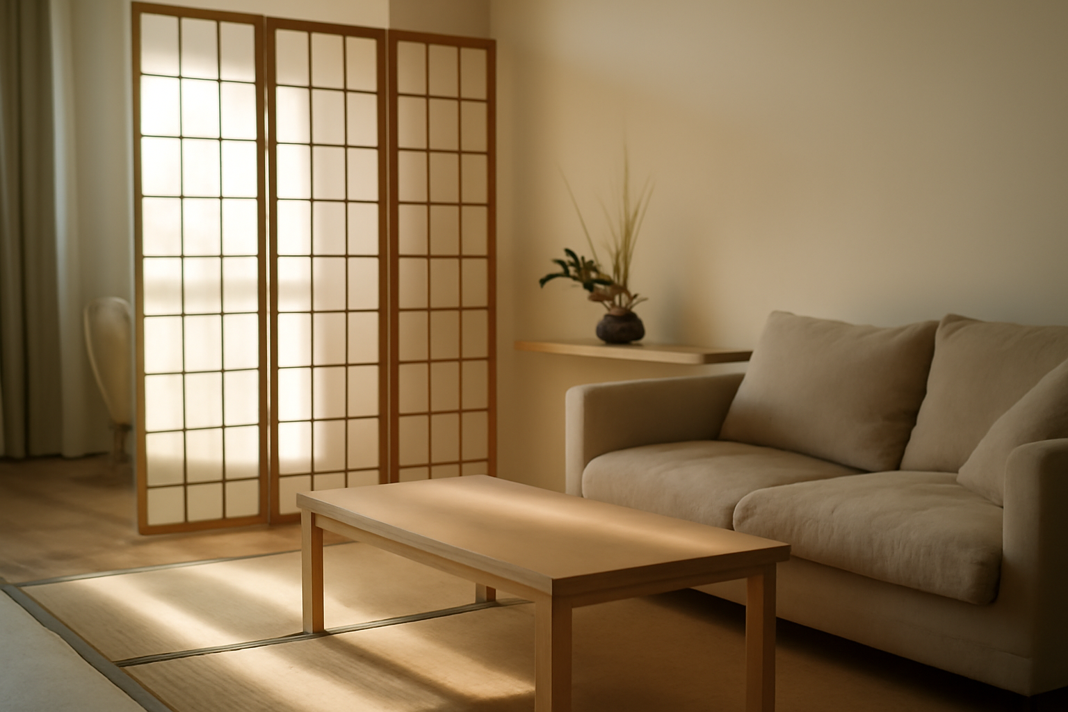 japonais deco : salon lumineux avec paravent shoji et composition ikebana