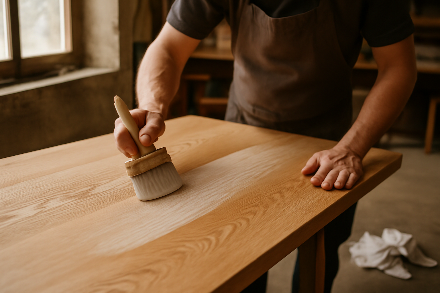 Atelier de menuiserie : application de ceruse sur un plateau en chêne, brosse et chiffons, lumière naturelle