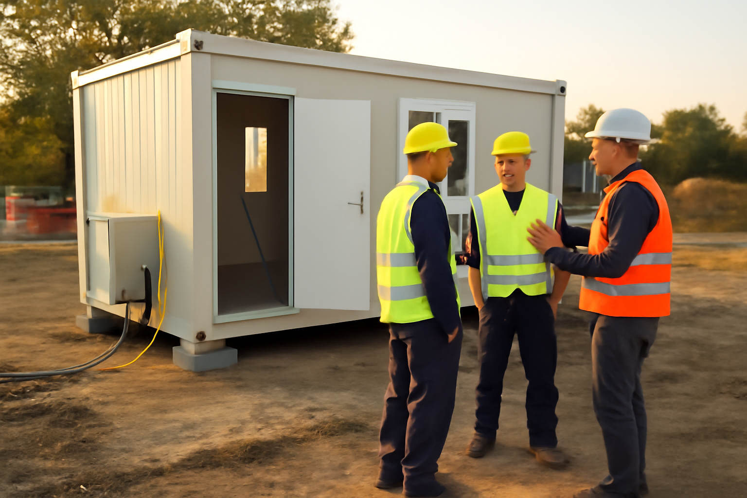 Conteneur aménagé clé en main sur un chantier français, technicien avec plans et équipements