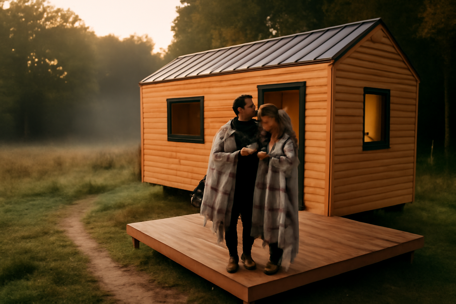 parenthese tiny house en forêt d’Orléans près de Chambon-la-Forêt, au crépuscule, lumière naturelle