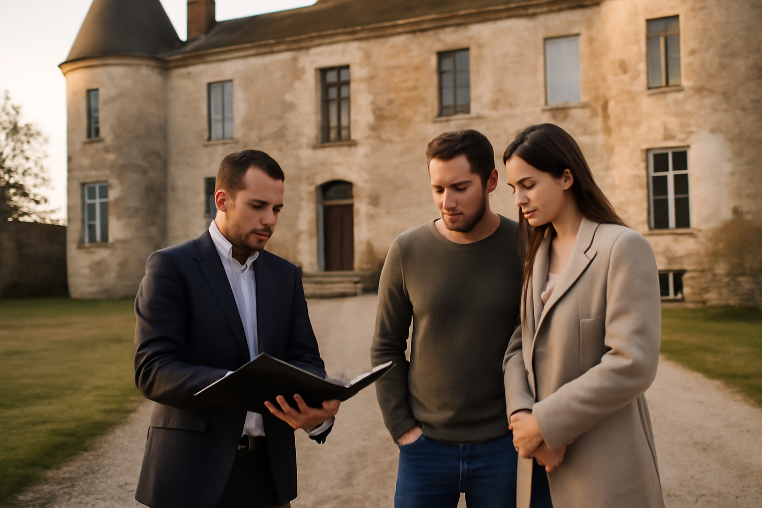 Château ancien à vendre avec façade en pierre et allée, ambiance de visite immobilière