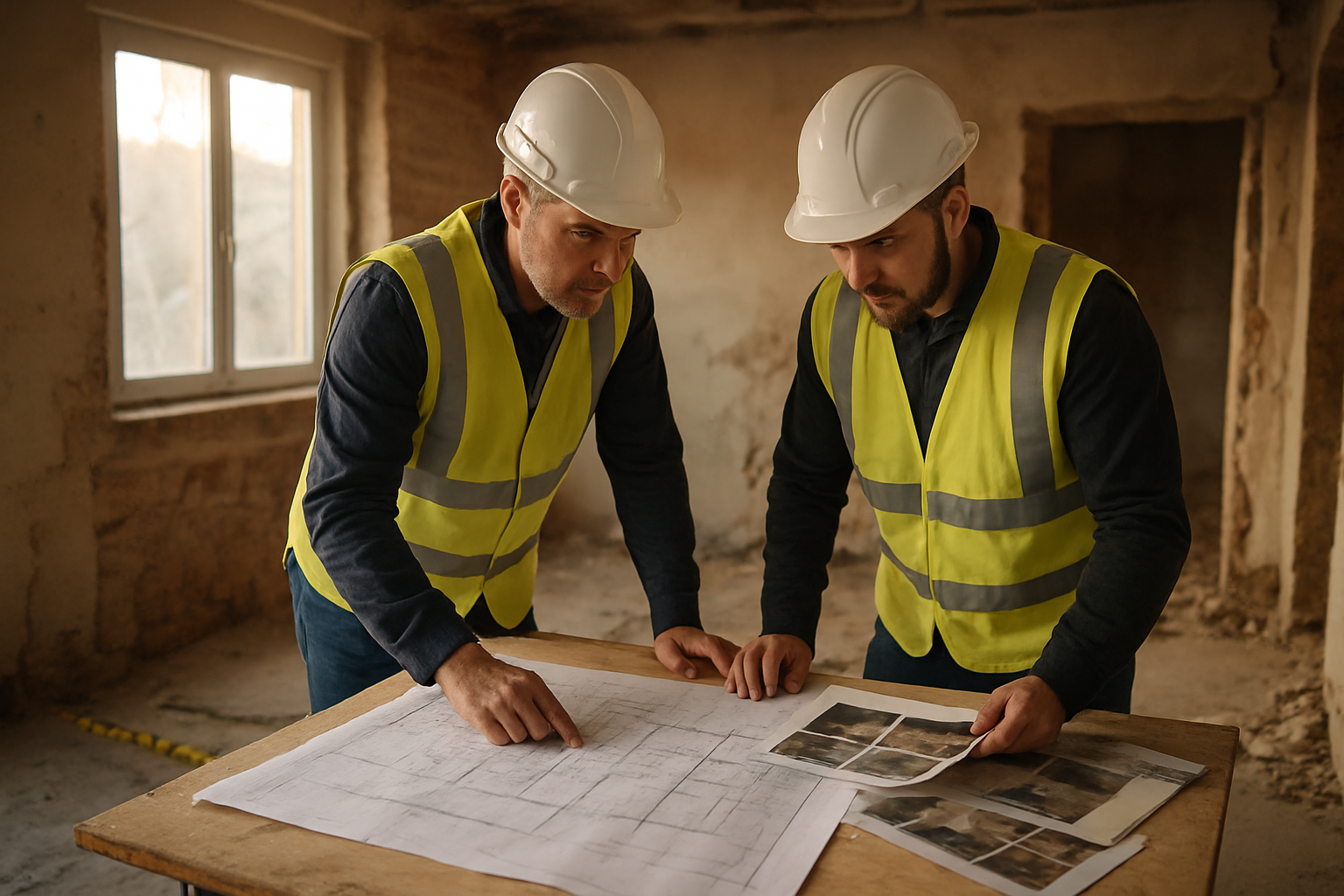 Chantier de rénovation de maison, équipe en gilet de sécurité et plans au sol, lumière naturelle