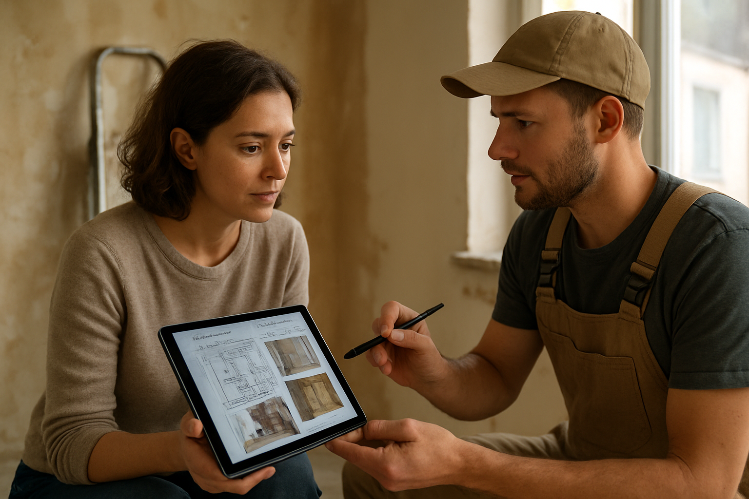 Réunion technique sur un chantier de rénovation : plans annotés et photos sur tablette, lumière de journée