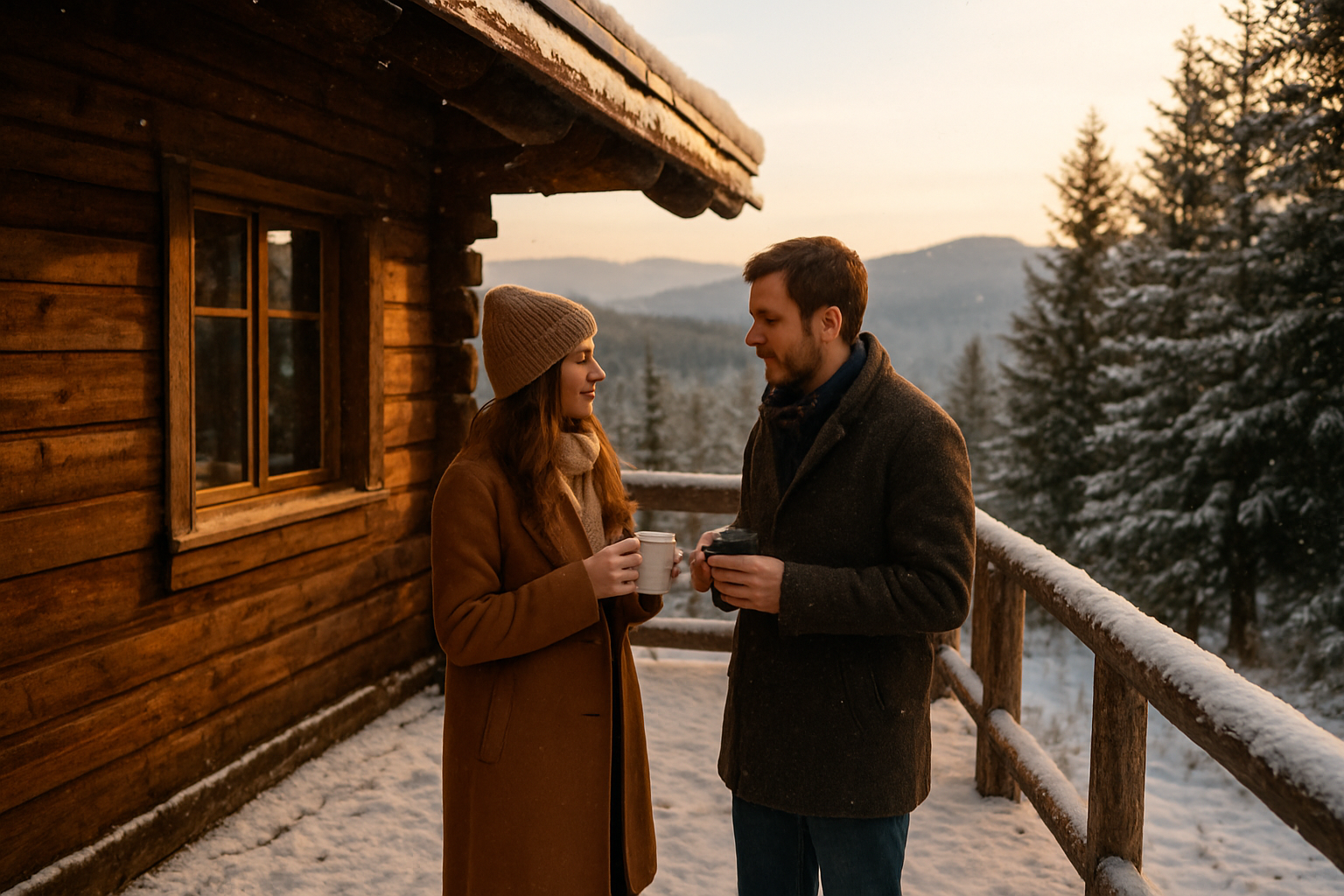 Chalet dans les Vosges avec terrasse enneigée et lumière du soir