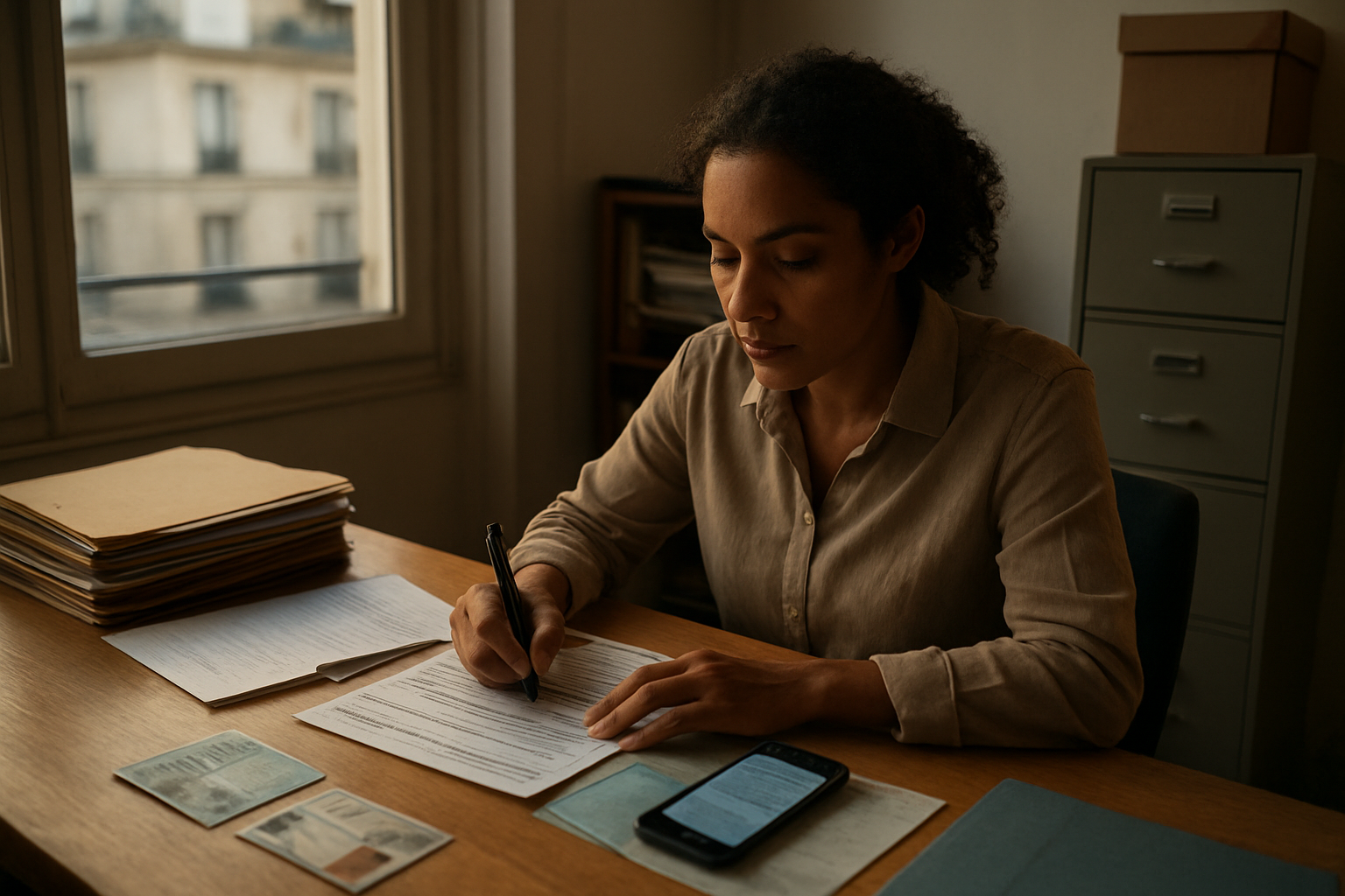 Personne préparant un dossier de demande de logement et documents pour une domiciliation à Paris