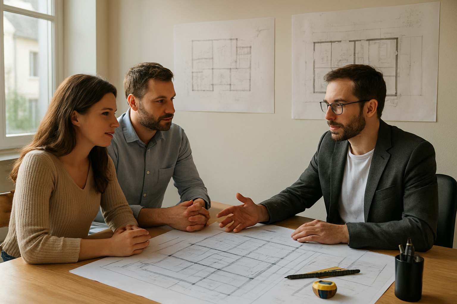 Plan de maison 4 chambres sur une table, plans au mur et lumière naturelle dans un bureau