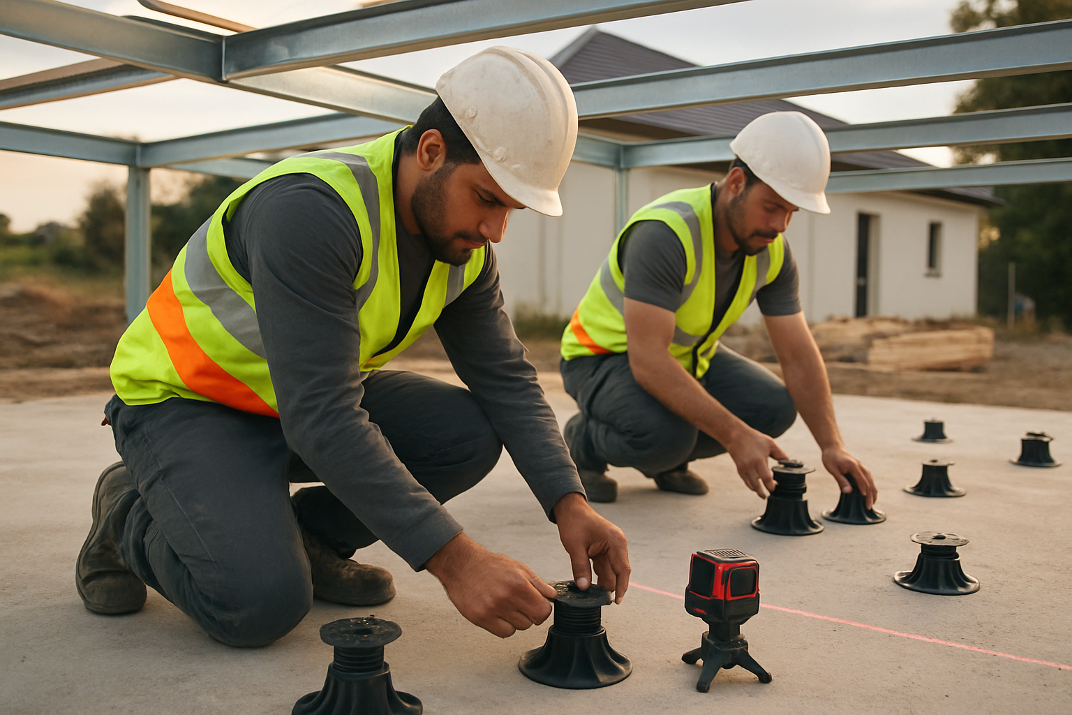Plots de calage sur chantier sous une structure en cours de construction