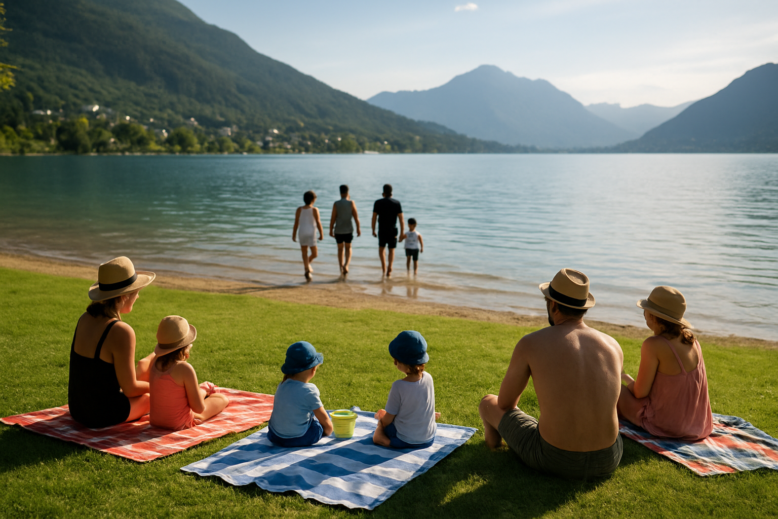 Vue réaliste de la plage de la Brune à Veyrier-du-Lac avec pelouse, banc de sable et familles au bord du lac d’Annecy
