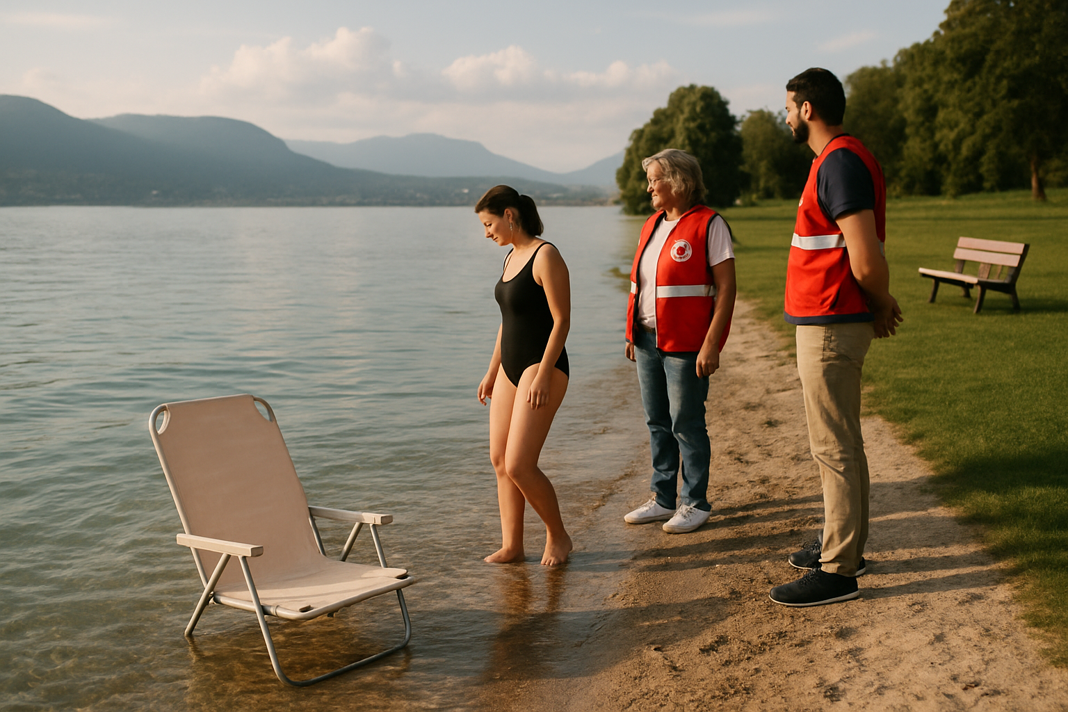Fauteuil flottant et aménagements d’accès à l’eau sur une plage du lac d’Annecy, ambiance réaliste à Veyrier-du-Lac