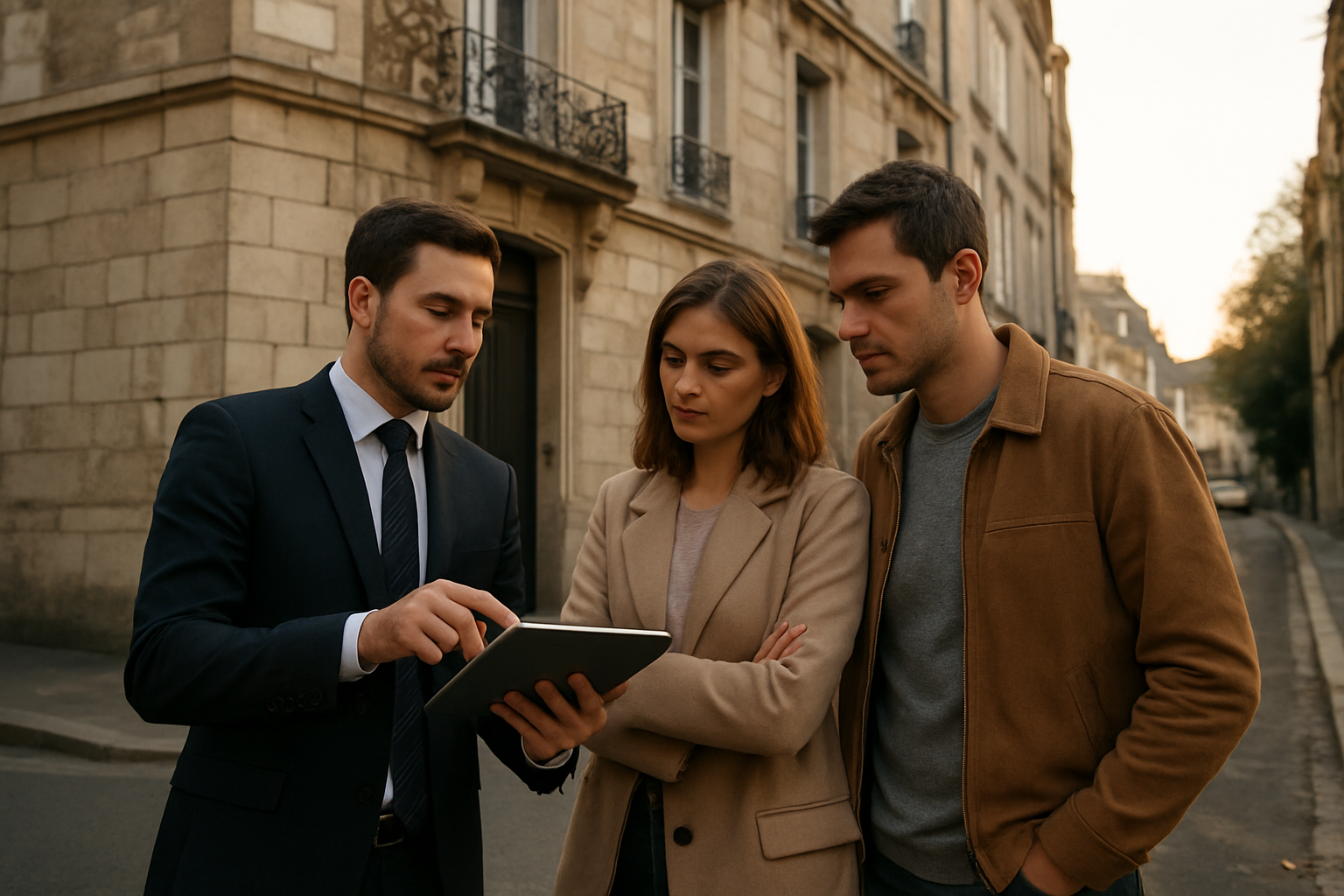 Façade d’un immeuble à Rouen avec un agent immobilier et un acheteur consultant des annonces sur une tablette