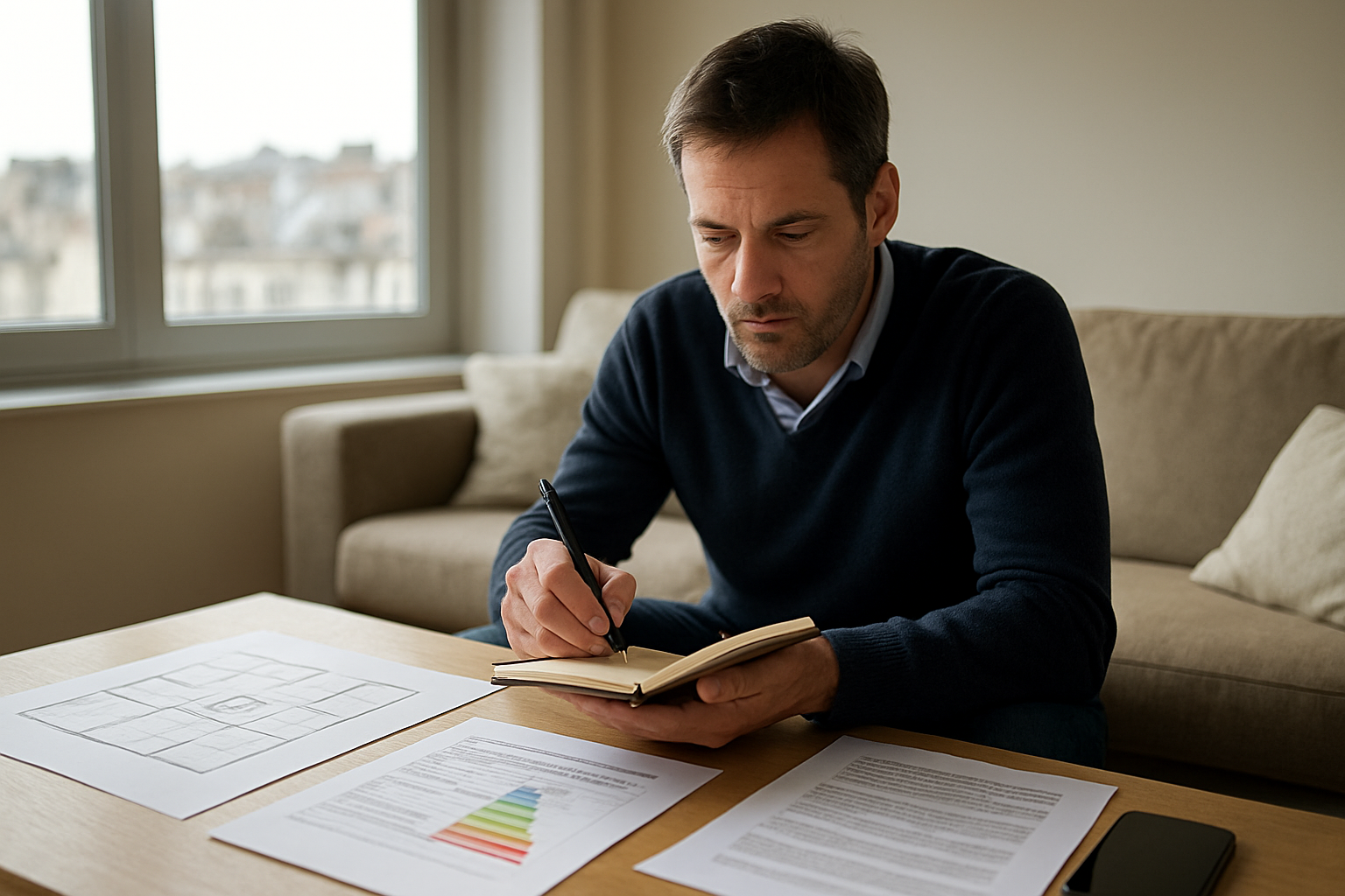 Acheteur à Rouen prenant des notes lors d’une visite d’appartement, plan du logement et diagnostics sur table