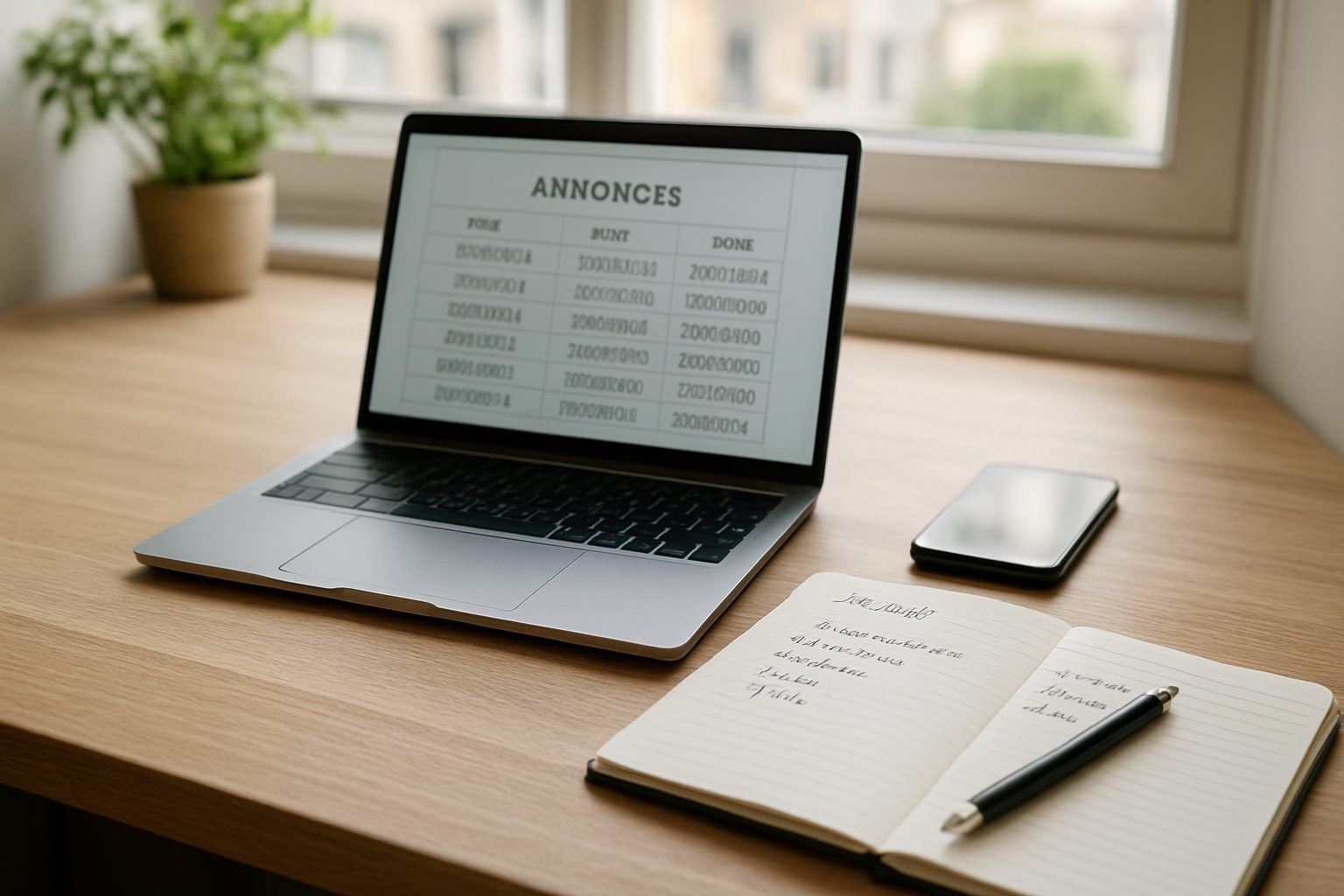 Suivi d’annonces immobilières sur un ordinateur avec tableau de prix et dates d’actualisation