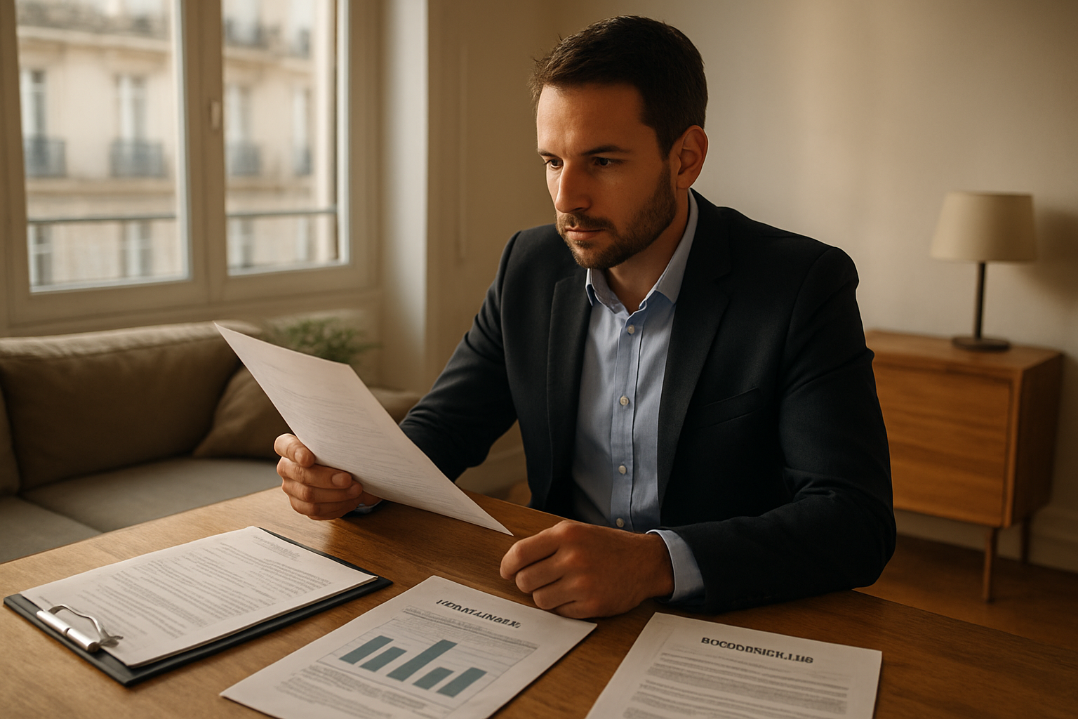 Conseiller immobilier à Paris comparant un dossier de copropriété et les diagnostics d’un appartement