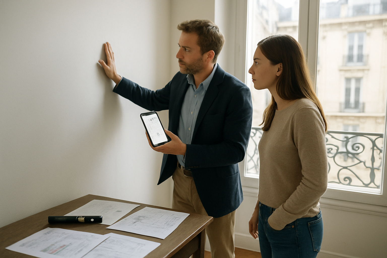 Visite d’un appartement à Paris : vérification des diagnostics et contrôle visuel des murs pour repérer humidité et fissures