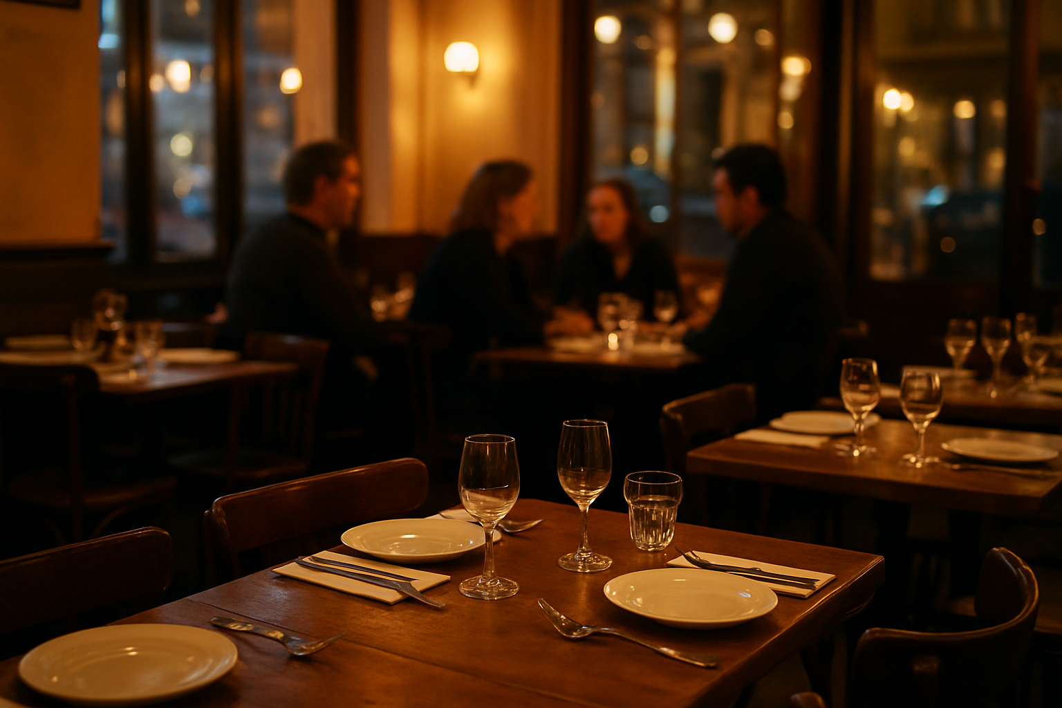 Salle de restaurant à Levallois-Perret avec tables dressées et lumière chaude, ambiance conviviale
