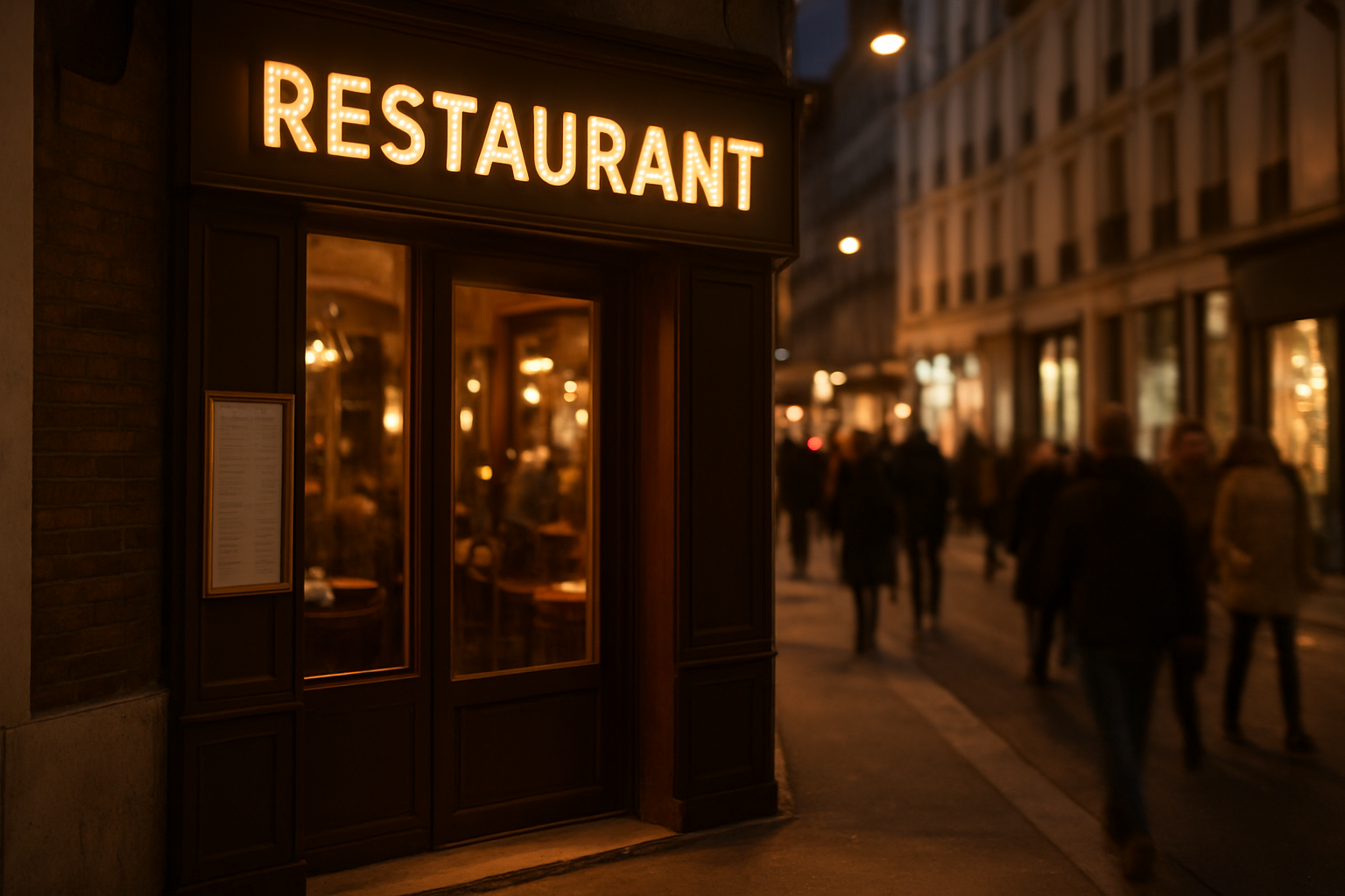 Façade de restaurant à Levallois-Perret près d’une rue animée, signalétique et entrée éclairée