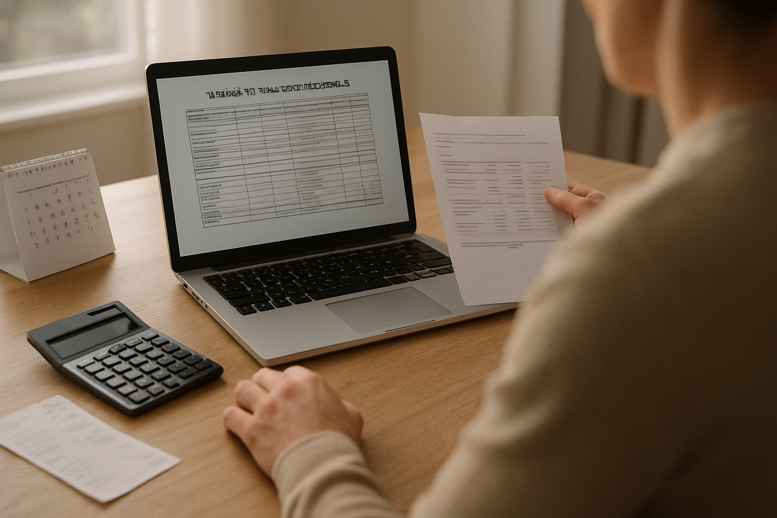 Personne consultant un barème de frais professionnels sur un ordinateur, reçus de repas et calendrier sur la table, lumière naturelle
