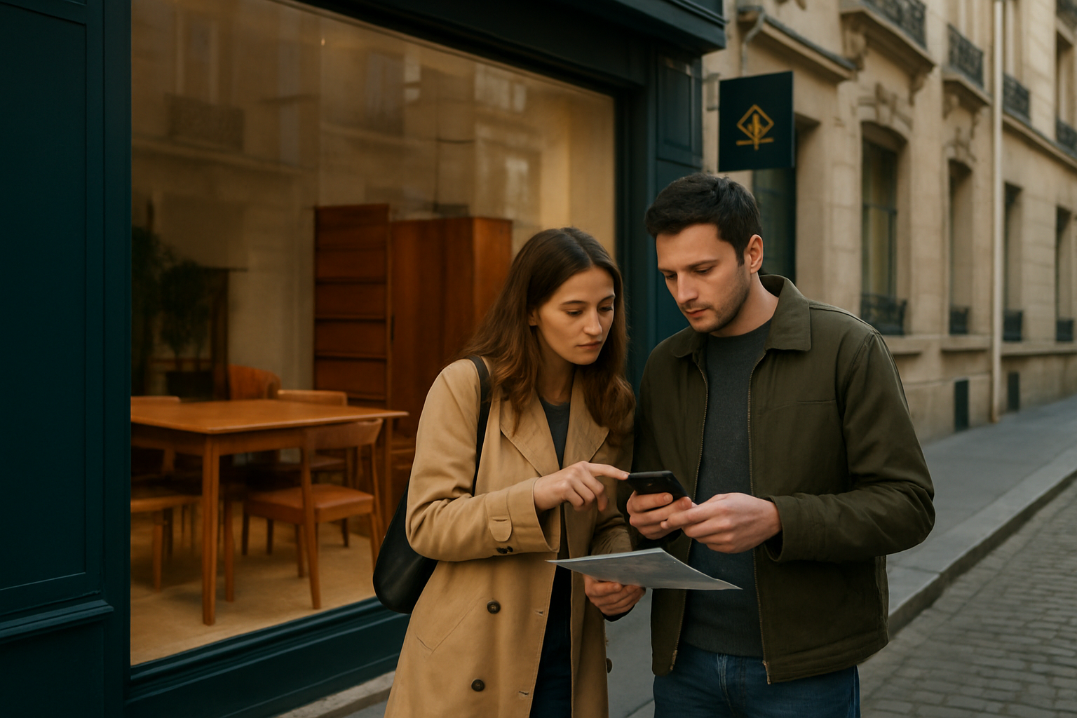 Entrée d’une boutique de mobilier en bois massif à Paris, devant une vitrine avec meubles en teck