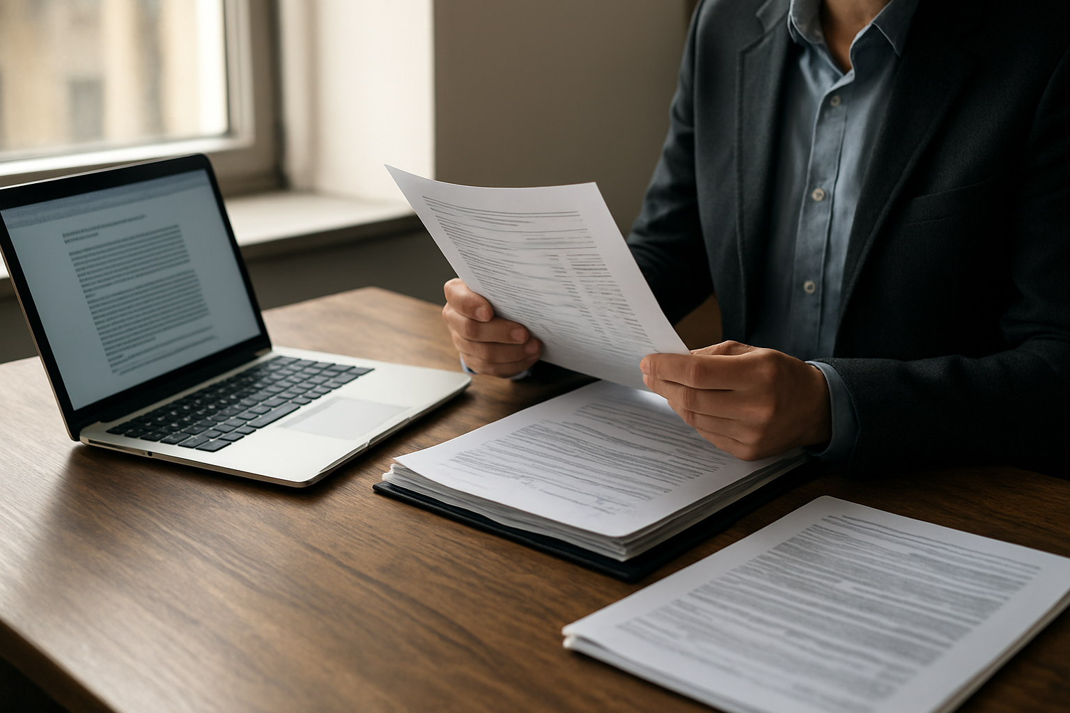 Investisseur consultant des documents et un courrier du mandataire judiciaire dans un bureau