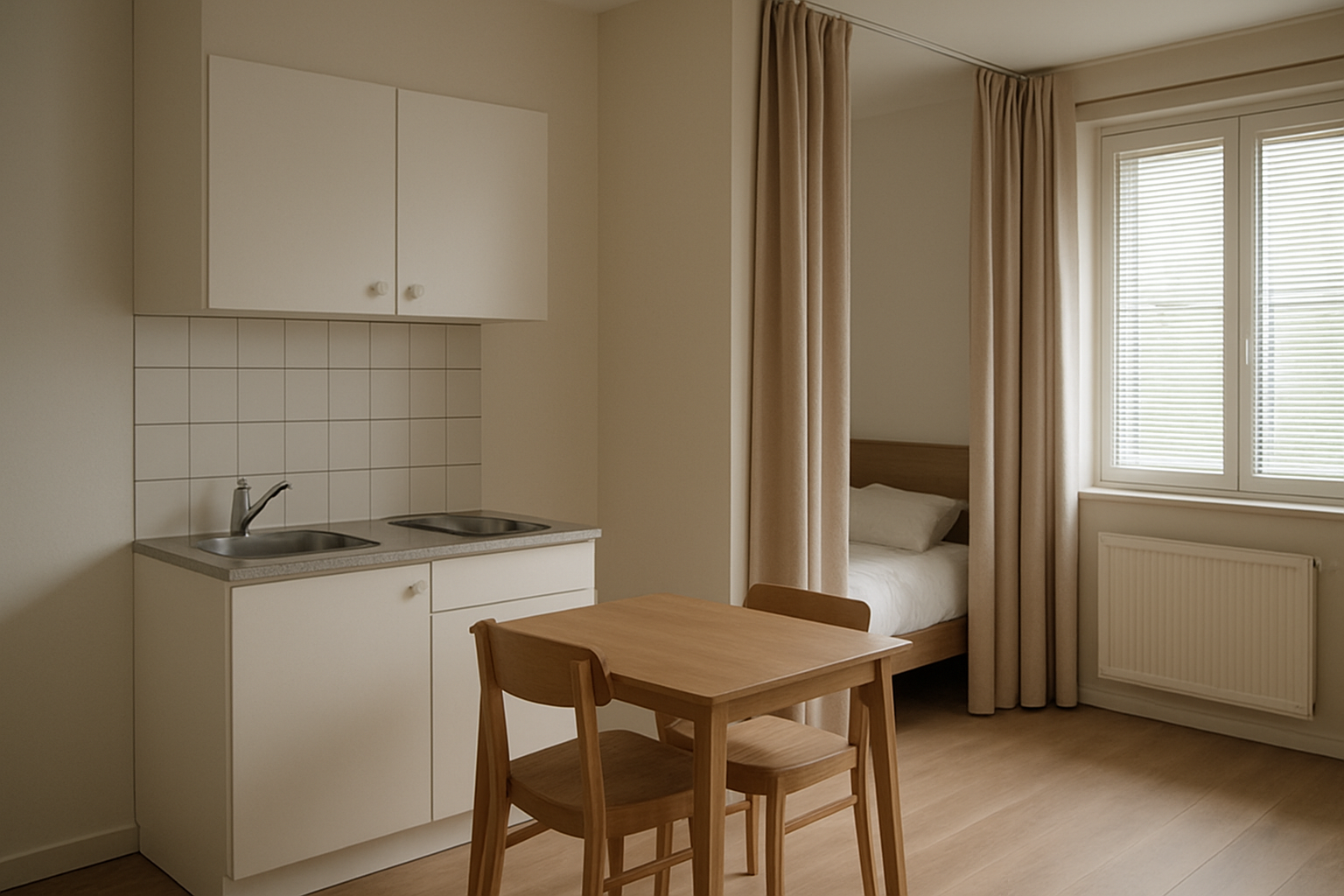 Intérieur d’un studio meublé : coin cuisine compact, rangements intégrés et fenêtre avec rideaux, ambiance réaliste en journée