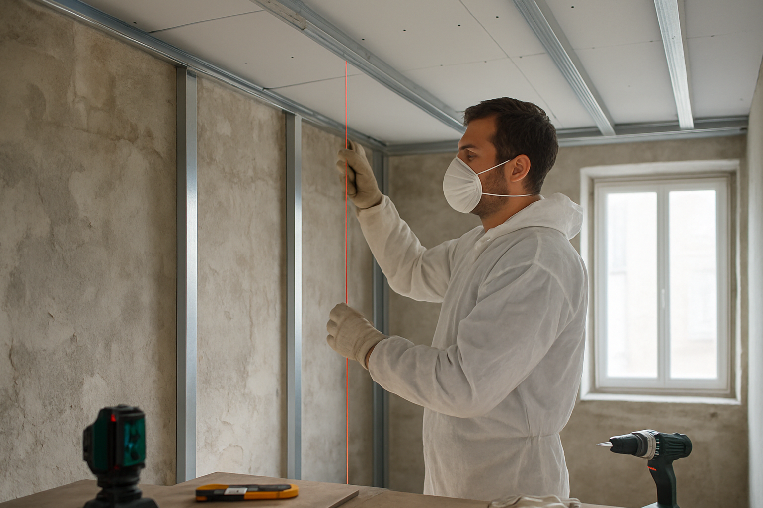 Pose d’un plafond autoportant en plaques de plâtre sur ossature mur à mur, contrôle au niveau